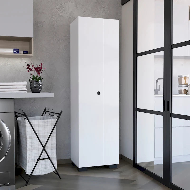 Broom Cabinet Slim-Design Storage Solution with Inner Shelves and Side Broom Hangers White