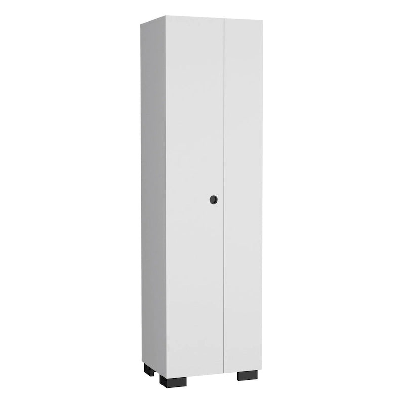 Broom Cabinet Slim-Design Storage Solution with Inner Shelves and Side Broom Hangers White