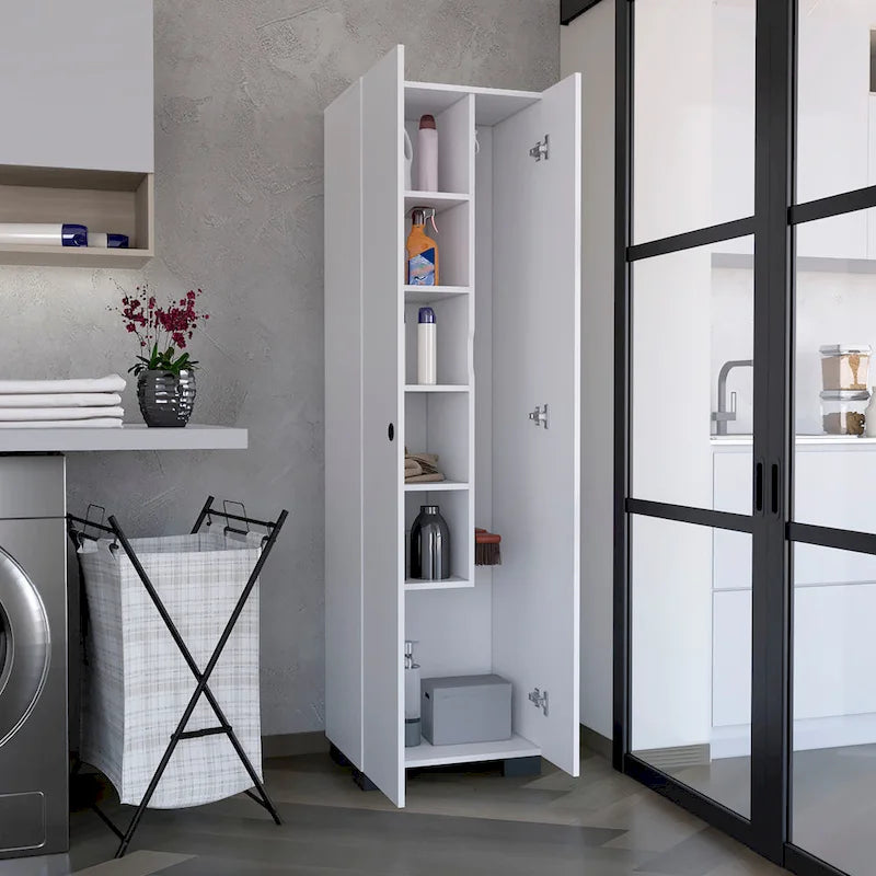 Broom Cabinet Slim-Design Storage Solution with Inner Shelves and Side Broom Hangers White