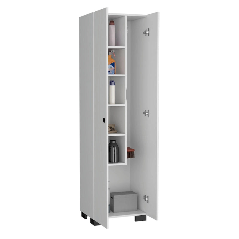 Broom Cabinet Slim-Design Storage Solution with Inner Shelves and Side Broom Hangers White