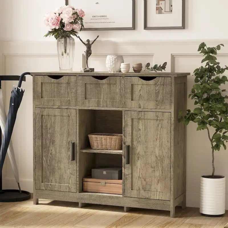 Vintage Wooden Floor Cabinet with Drawers and Shelves