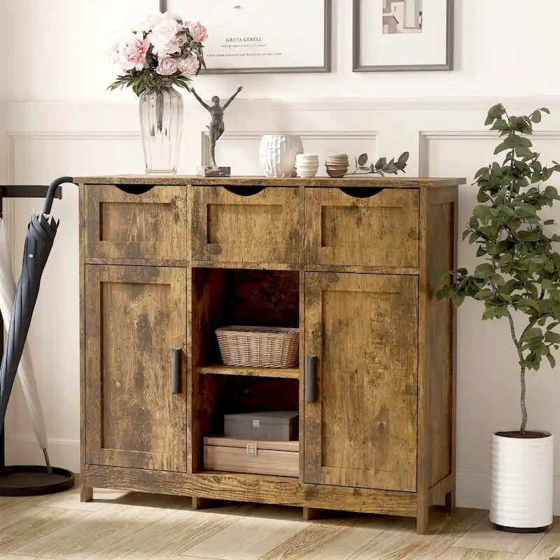 Vintage Wooden Floor Cabinet with Drawers and Shelves