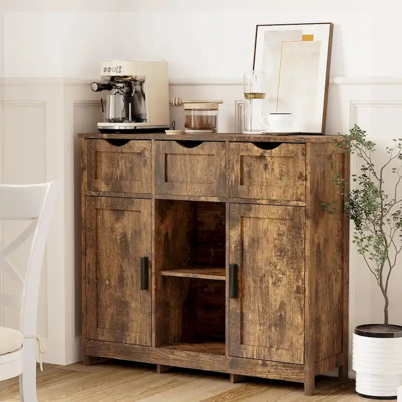 Vintage Wooden Floor Cabinet with Drawers and Shelves