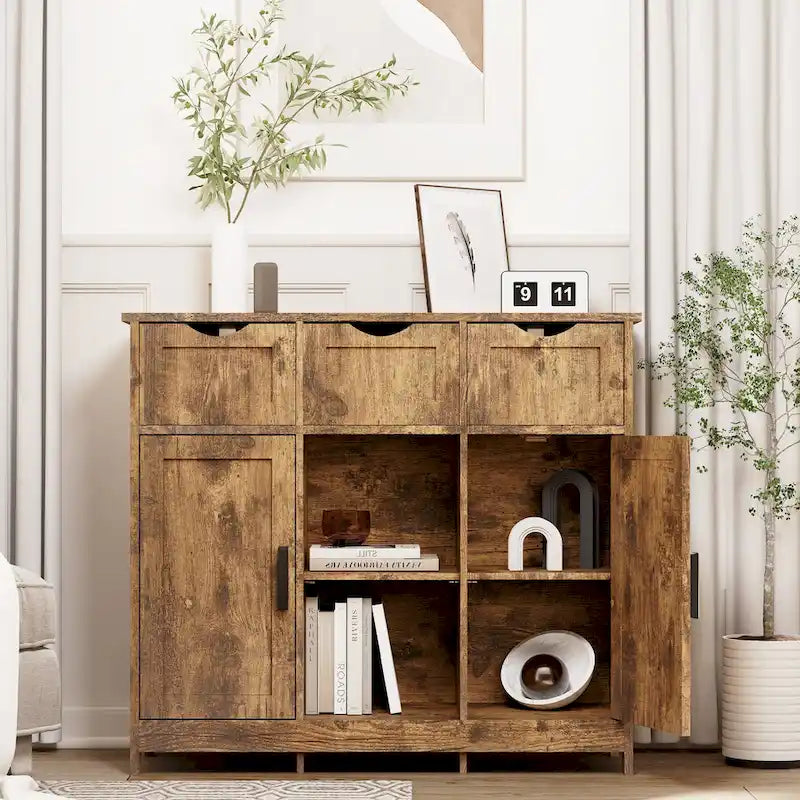 Vintage Wooden Floor Cabinet with Drawers and Shelves