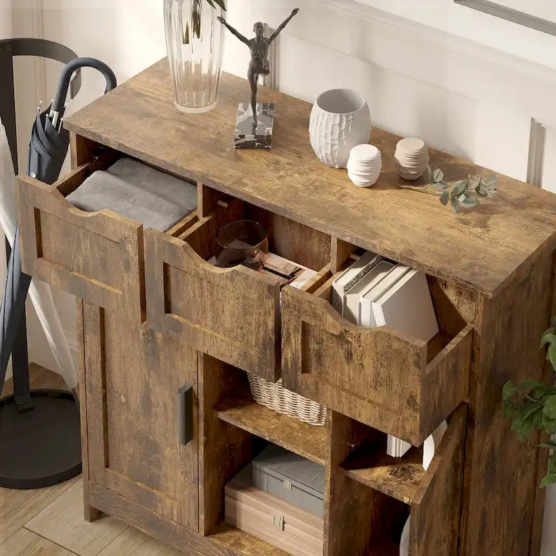 Vintage Wooden Floor Cabinet with Drawers and Shelves