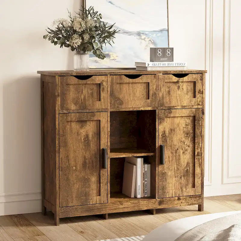 Vintage Wooden Floor Cabinet with Drawers and Shelves