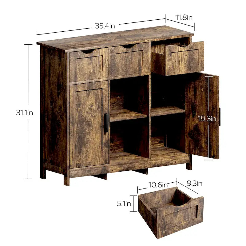 Vintage Wooden Floor Cabinet with Drawers and Shelves