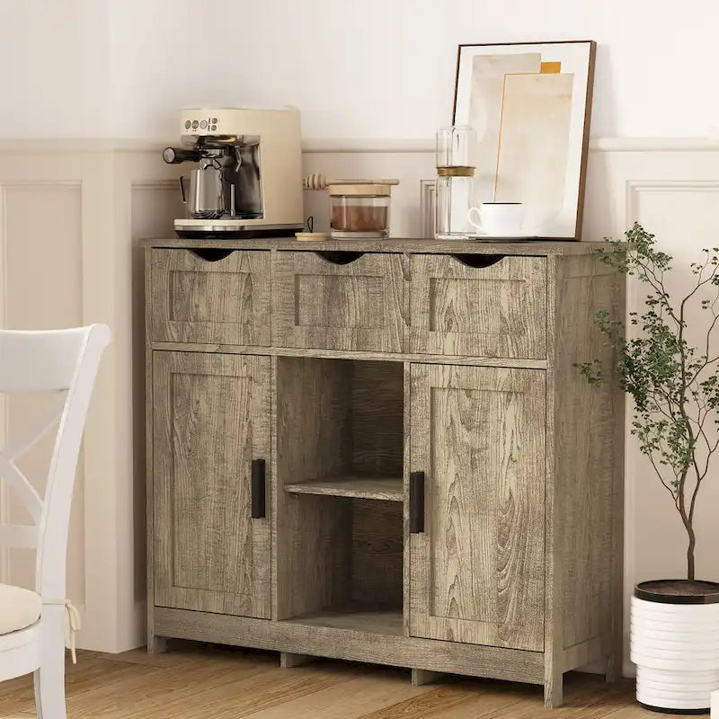 Vintage Wooden Floor Cabinet with Drawers and Shelves