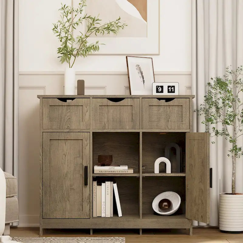 Vintage Wooden Floor Cabinet with Drawers and Shelves