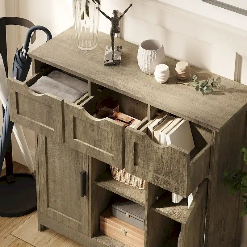 Vintage Wooden Floor Cabinet with Drawers and Shelves