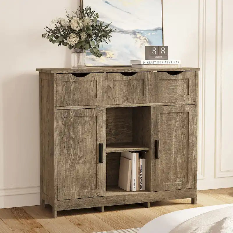 Vintage Wooden Floor Cabinet with Drawers and Shelves