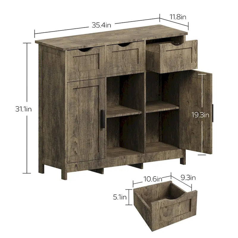Vintage Wooden Floor Cabinet with Drawers and Shelves