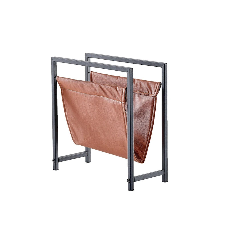 Freestanding Matte Metal Frame Leatherette Sling Magazine Holder