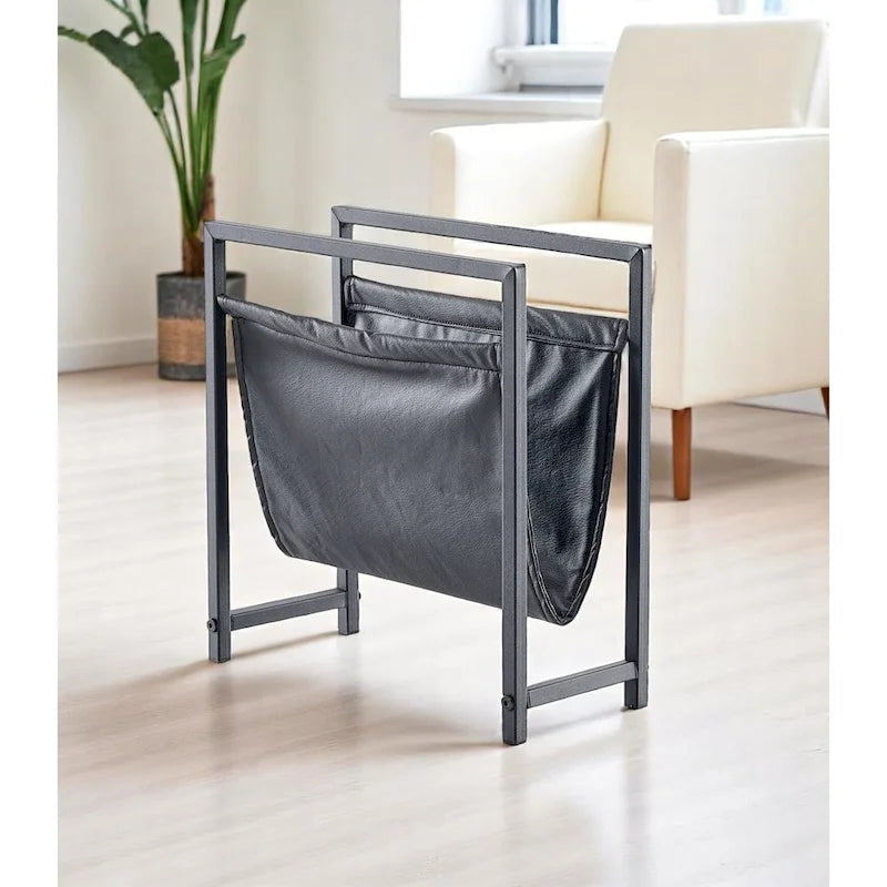 Freestanding Matte Metal Frame Leatherette Sling Magazine Holder