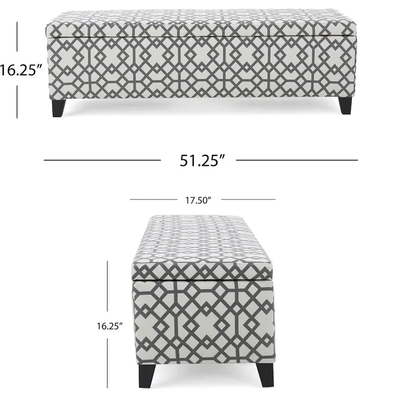 Storage Ottoman Bench, Light Gray Geometric Print Fabric 51 Inch
