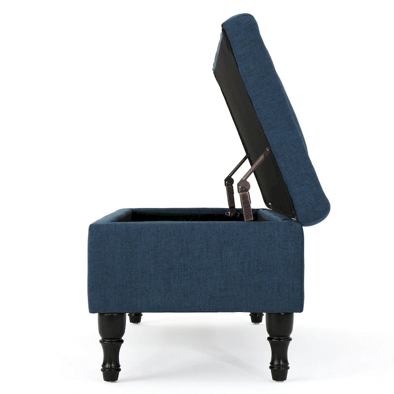Storage Ottoman Bench, 41 Inch Button Tufted Navy Blue Fabric