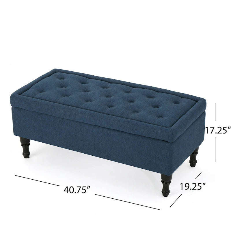 Storage Ottoman Bench, 41 Inch Button Tufted Navy Blue Fabric