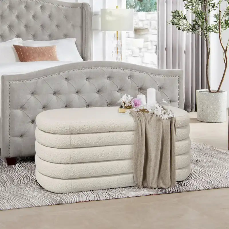 49" Boucle Faux Sherpa Upholstered Tufted Oval Storage Bench