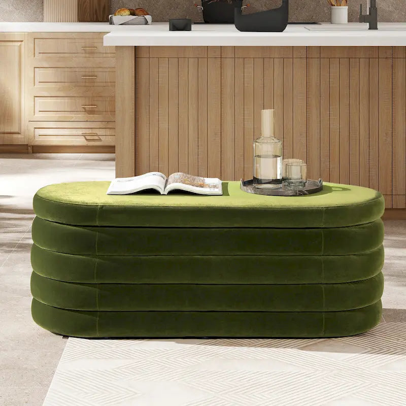 49" Boucle Faux Sherpa Upholstered Tufted Oval Storage Bench