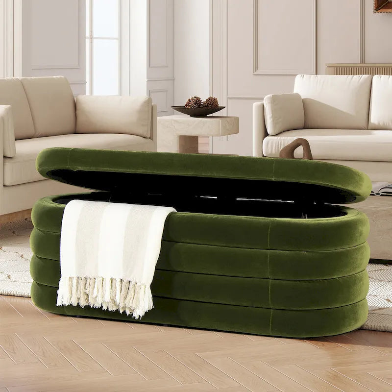 49" Boucle Faux Sherpa Upholstered Tufted Oval Storage Bench