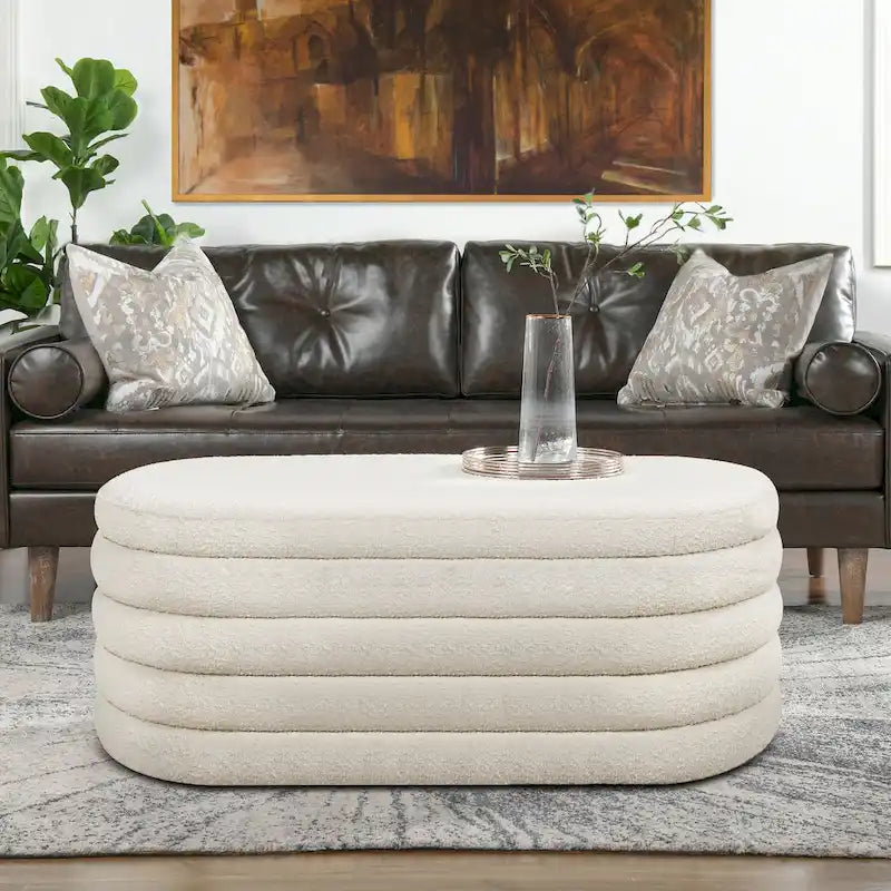 49" Boucle Faux Sherpa Upholstered Tufted Oval Storage Bench