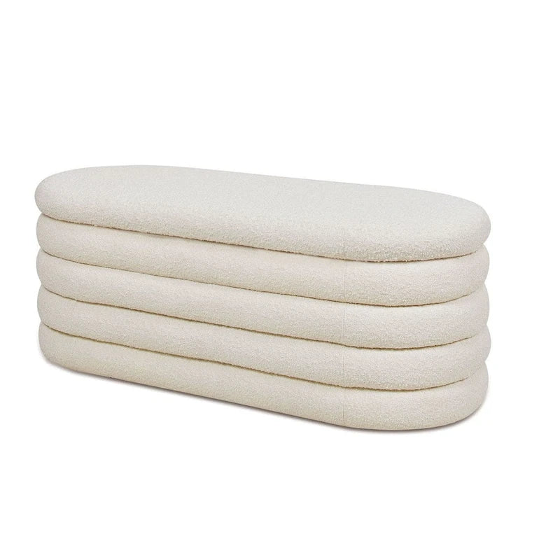 49" Boucle Faux Sherpa Upholstered Tufted Oval Storage Bench