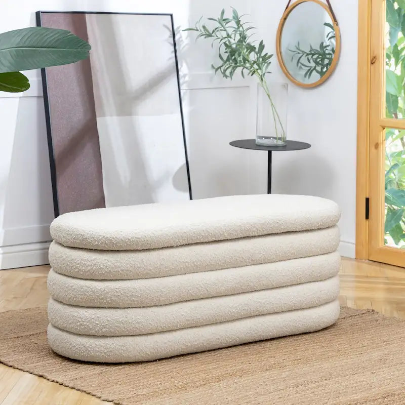 49" Boucle Faux Sherpa Upholstered Tufted Oval Storage Bench