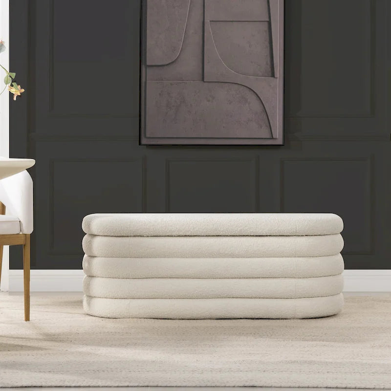 49" Boucle Faux Sherpa Upholstered Tufted Oval Storage Bench