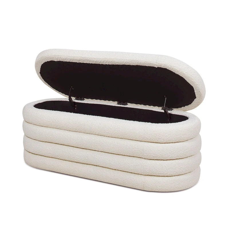 49" Boucle Faux Sherpa Upholstered Tufted Oval Storage Bench