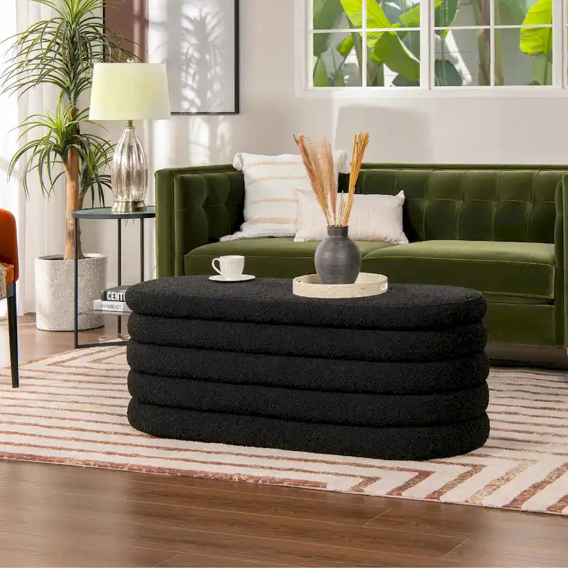 49" Boucle Faux Sherpa Upholstered Tufted Oval Storage Bench
