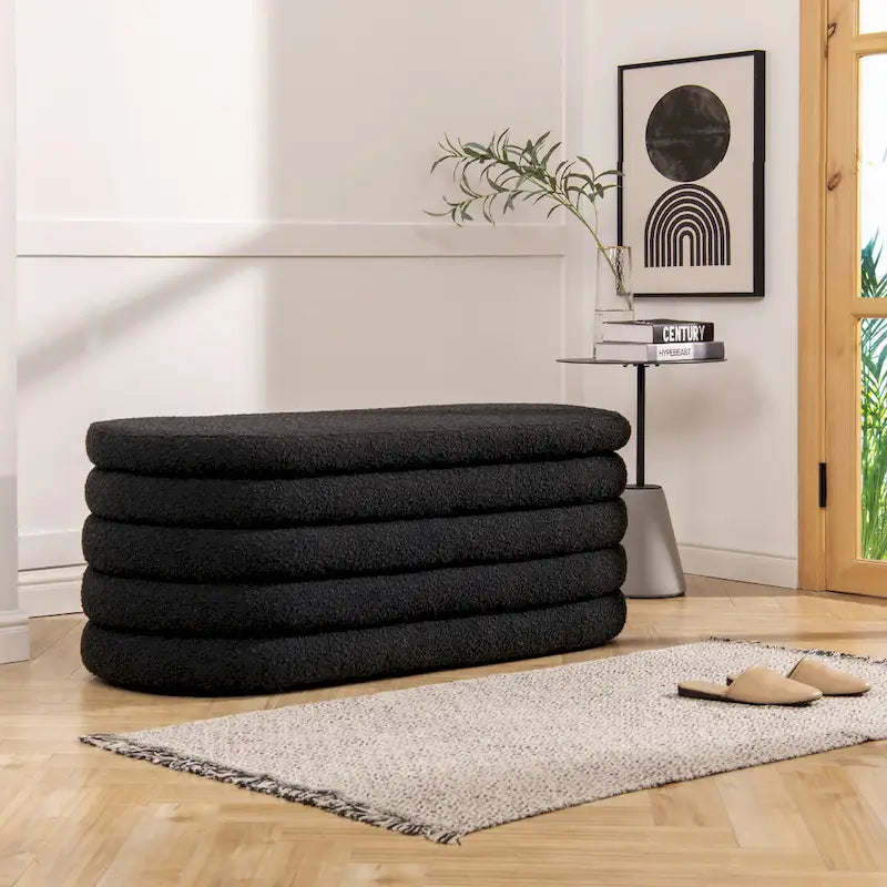 49" Boucle Faux Sherpa Upholstered Tufted Oval Storage Bench