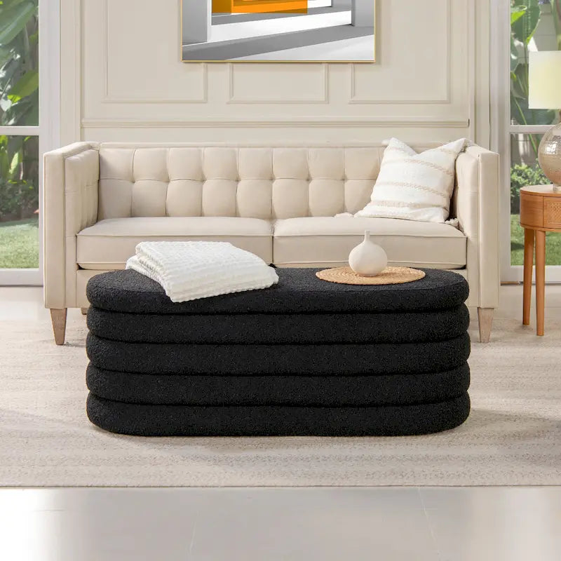 49" Boucle Faux Sherpa Upholstered Tufted Oval Storage Bench