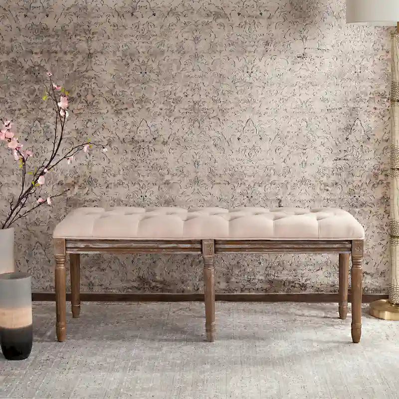 Tufted Wood Bench - 47.3" x 17.5" x 19"