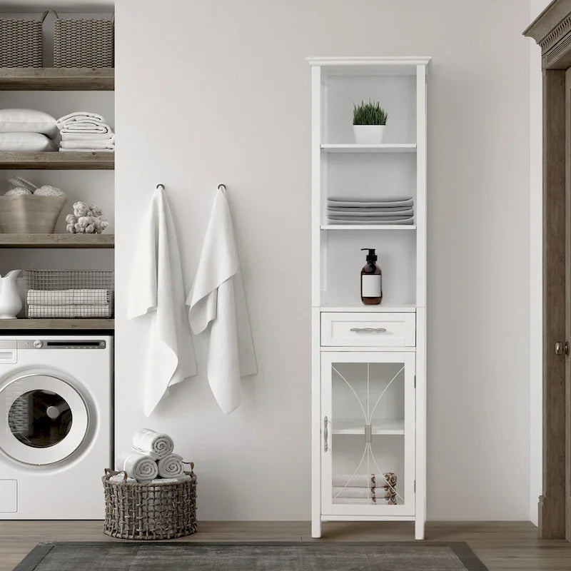 Freestanding Linen Tower with Open Shelves, Drawer & Cabinet - 13.5L x 17W x 65H