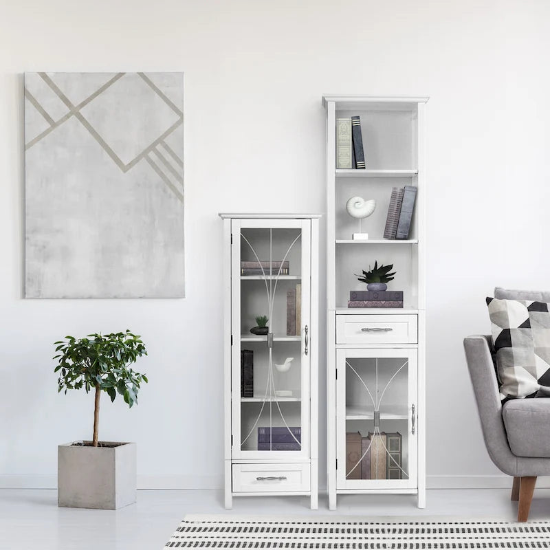 Freestanding Linen Tower with Open Shelves, Drawer & Cabinet - 13.5L x 17W x 65H