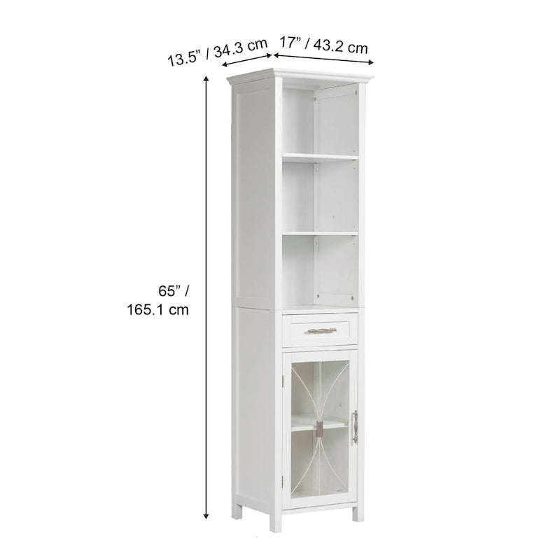 Freestanding Linen Tower with Open Shelves, Drawer & Cabinet - 13.5L x 17W x 65H