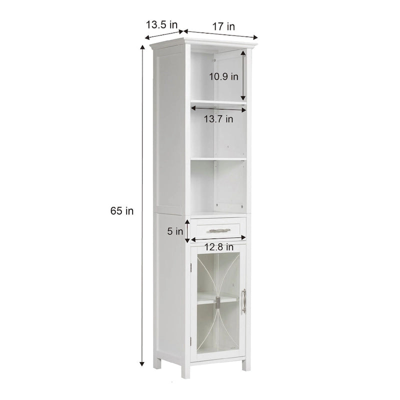 Freestanding Linen Tower with Open Shelves, Drawer & Cabinet - 13.5L x 17W x 65H