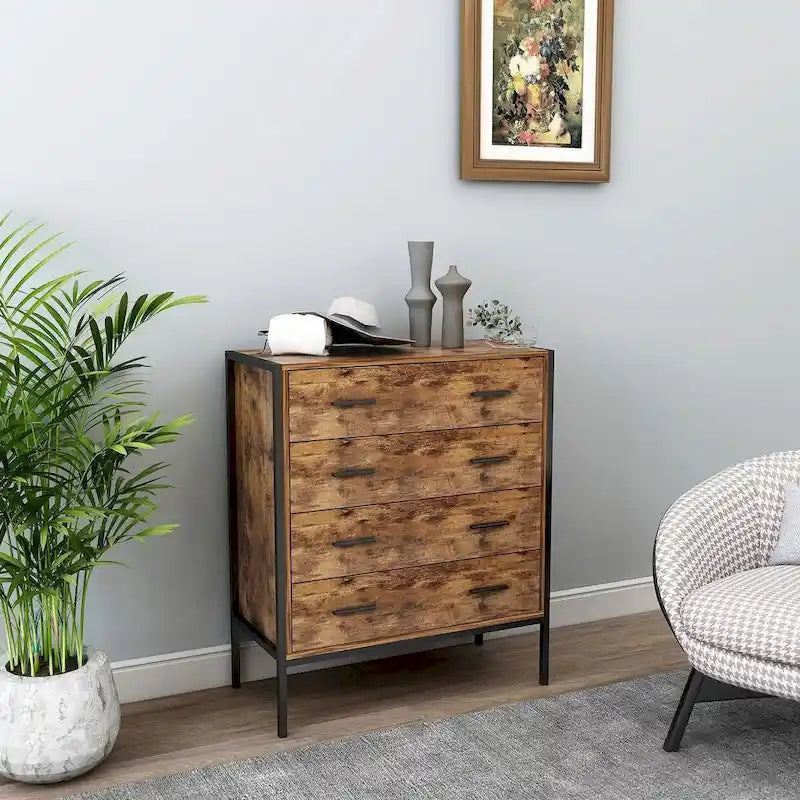 4 Drawer Dresser, Brown Wood Storage Cabinet Clothes Organizer