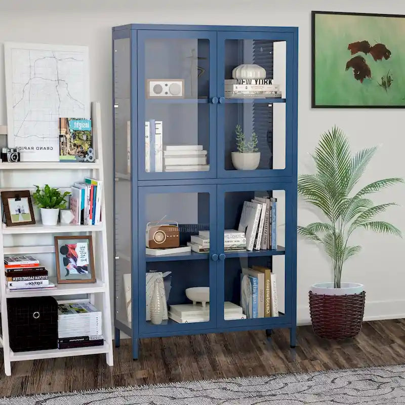 Glass Door Cabinet with Adjustable Shelves for Kitchen Living Room