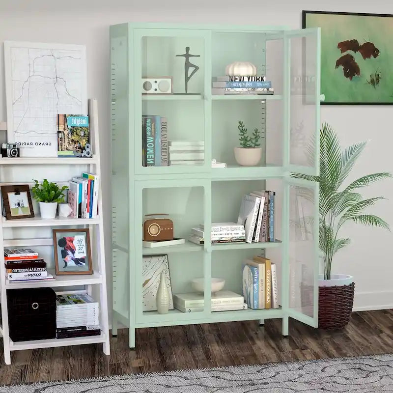 Glass Door Cabinet with Adjustable Shelves for Kitchen Living Room