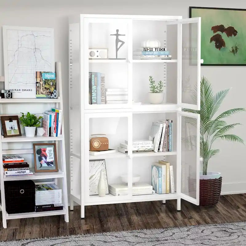 Glass Door Cabinet with Adjustable Shelves for Kitchen Living Room
