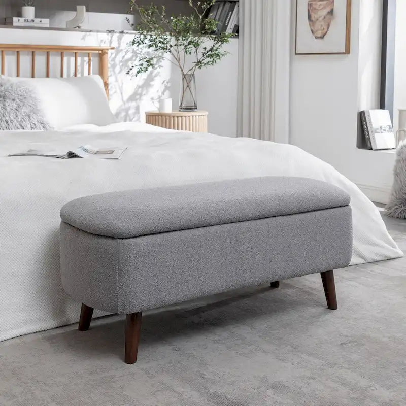 Boucle Fabric Storage Bench with Rubberwood Legs