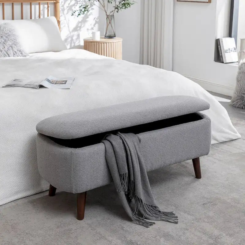 Boucle Fabric Storage Bench with Rubberwood Legs