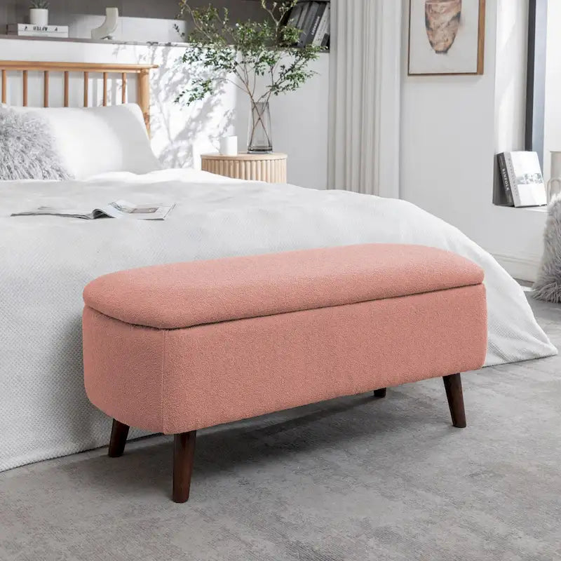 Boucle Fabric Storage Bench with Rubberwood Legs