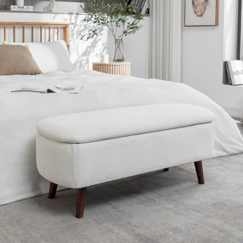 Boucle Fabric Storage Bench with Rubberwood Legs