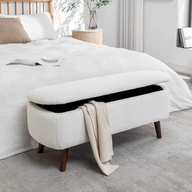 Boucle Fabric Storage Bench with Rubberwood Legs