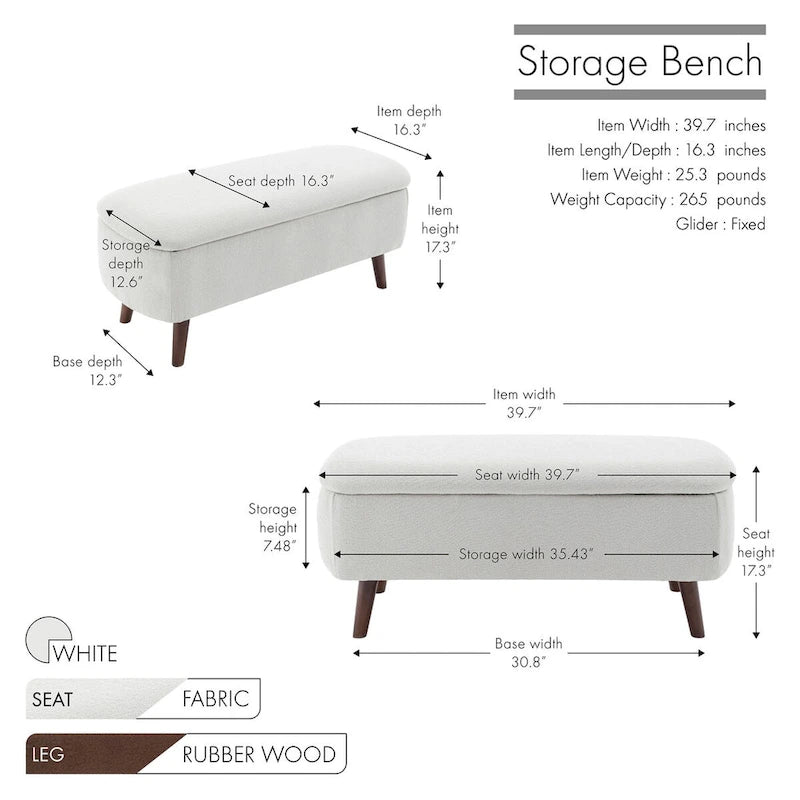 Boucle Fabric Storage Bench with Rubberwood Legs