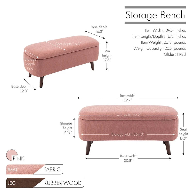 Boucle Fabric Storage Bench with Rubberwood Legs