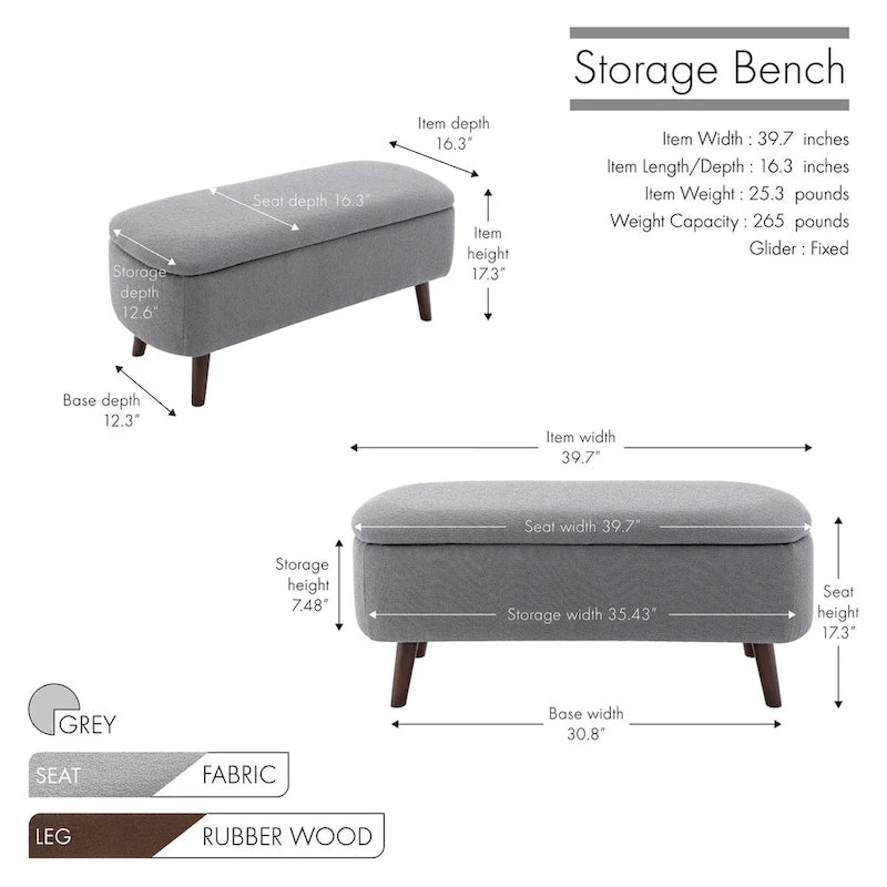 Boucle Fabric Storage Bench with Rubberwood Legs