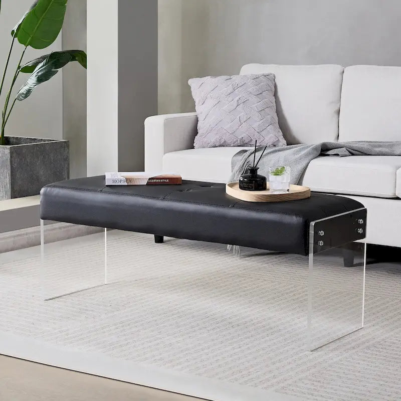 Upholstered Entryway Bench, Faux Leather Bedroom/Living Room Bench, Acrylic Base 44.7-inch